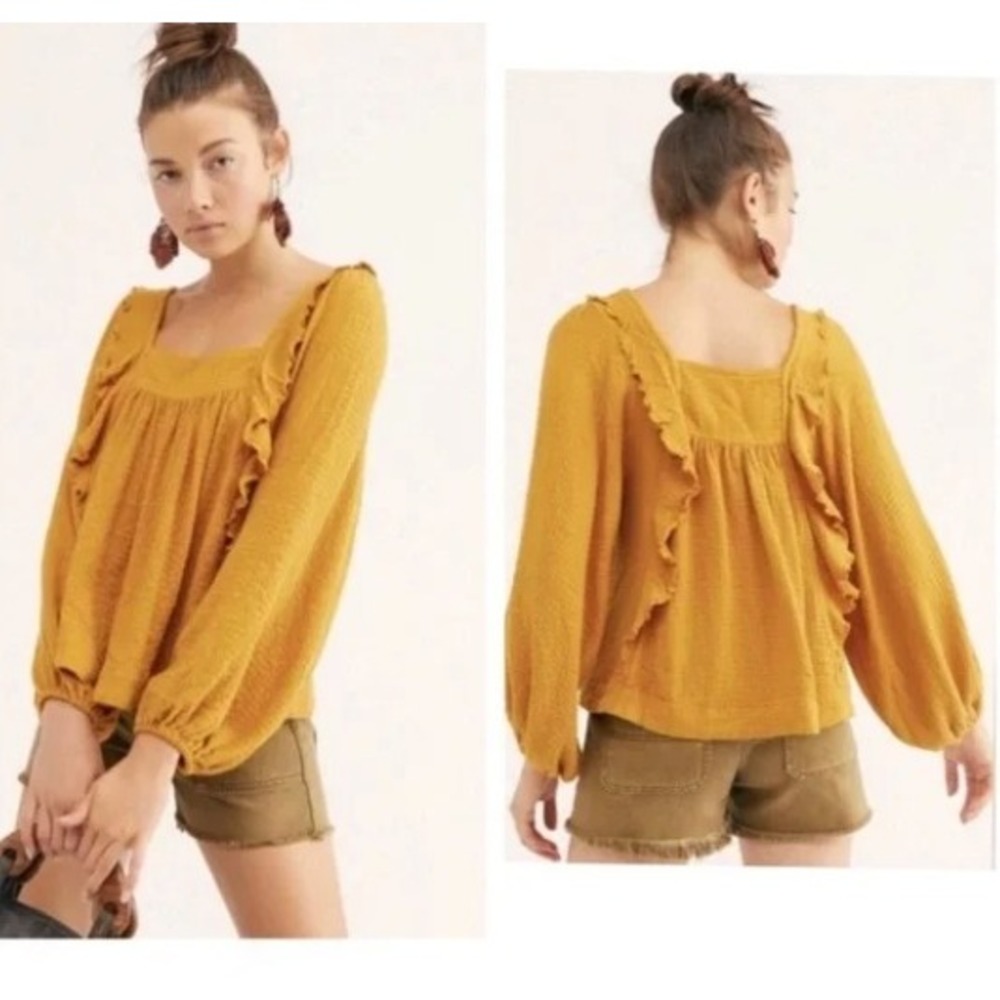 Free People Bonnie Mustard Yellow Ruffle Textured Sleeve Blouse Top Medium